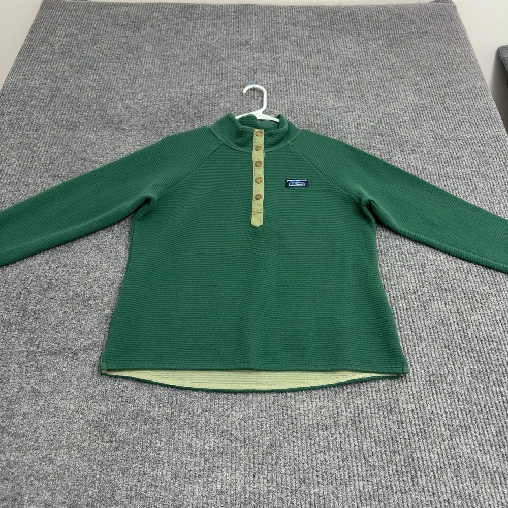 LL Bean Pullover Women S Green Cotton Polyester Quilted Henley Mock Neck Style